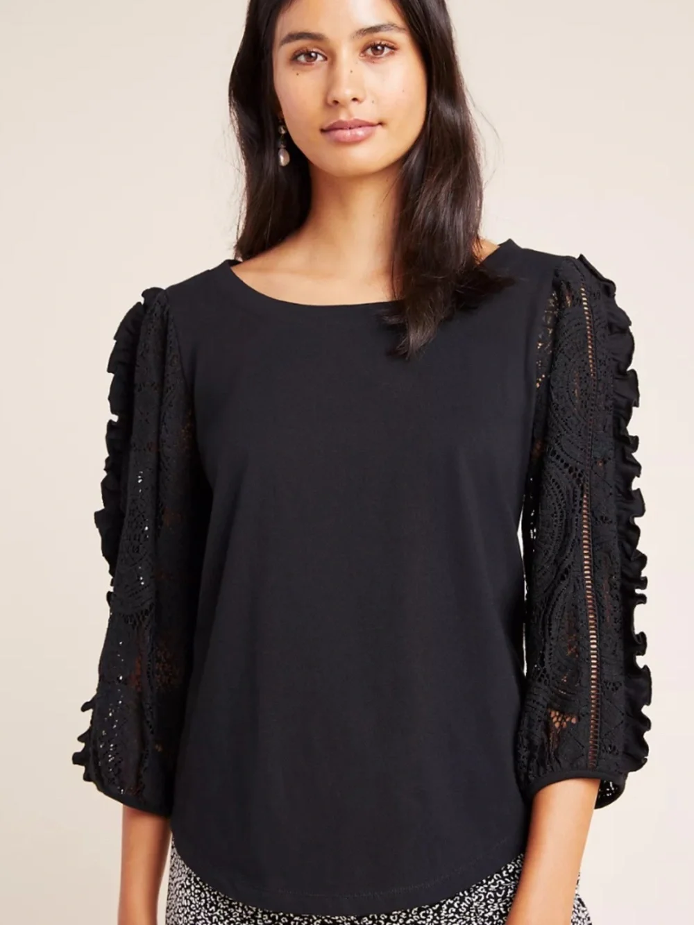 Anthropologie Nina Lace‎ Top Size Small Sheer Crochet Sleeve Black Blouse Cotton